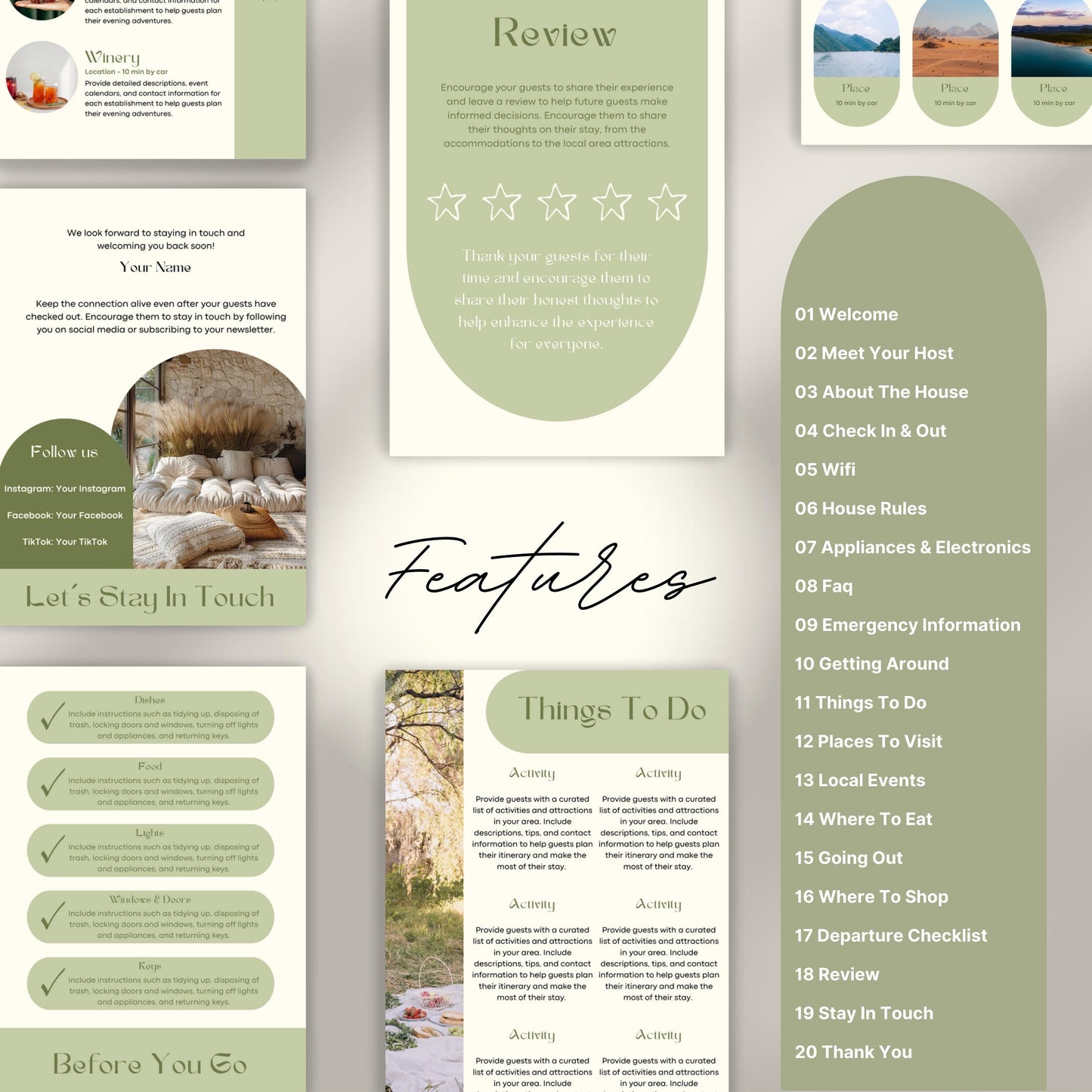 A promotional layout for a Airbnb Welcome Book template. The image displays various page samples including sections like “Review,” “Things To Do,” “Let’s Stay In Touch,” and “Before You Go.”