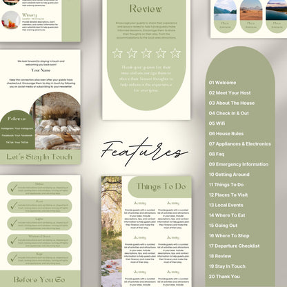A promotional layout for a Airbnb Welcome Book template. The image displays various page samples including sections like “Review,” “Things To Do,” “Let’s Stay In Touch,” and “Before You Go.”
