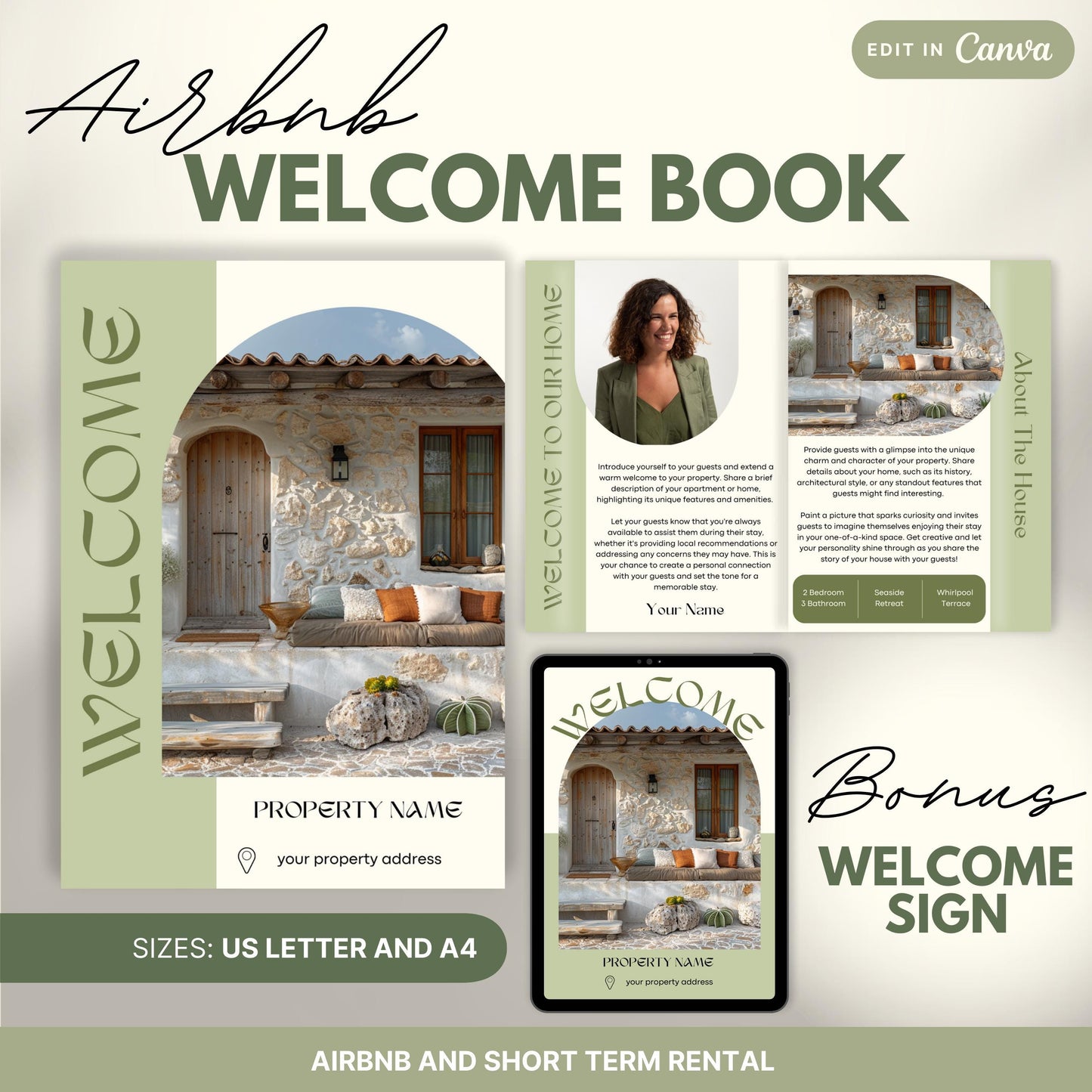 Promotional image for an "Airbnb Welcome Book" editable in Canva. A tablet and print view are shown for flexibility. The text highlights that the templates are available in US Letter and A4 sizes and include a bonus welcome sign. Ideal for Airbnb and short-term rental hosts.