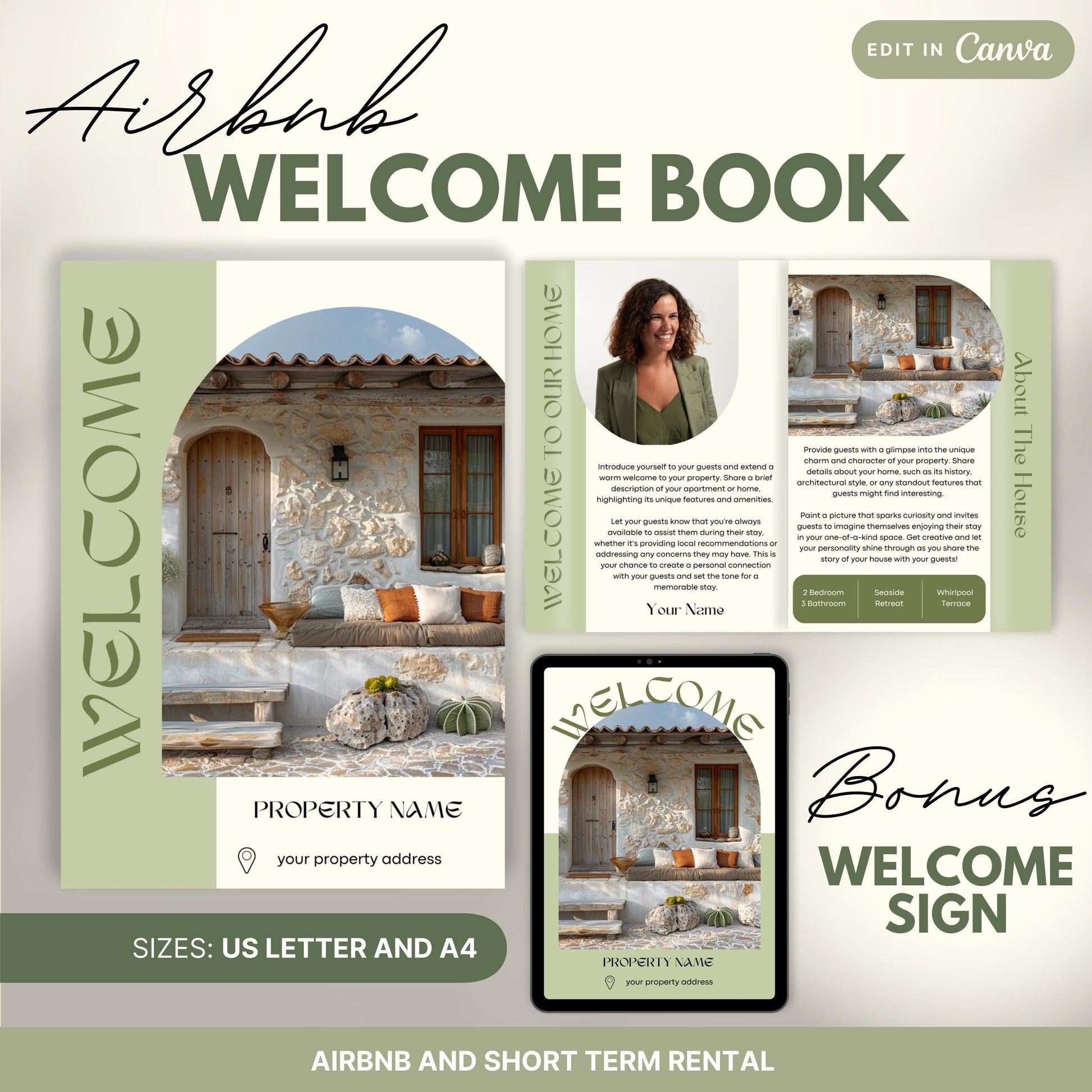 Promotional image for an "Airbnb Welcome Book" editable in Canva. A tablet and print view are shown for flexibility. The text highlights that the templates are available in US Letter and A4 sizes and include a bonus welcome sign. Ideal for Airbnb and short-term rental hosts.