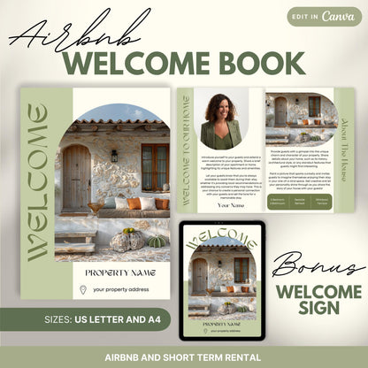 Promotional image for an "Airbnb Welcome Book" editable in Canva. A tablet and print view are shown for flexibility. The text highlights that the templates are available in US Letter and A4 sizes and include a bonus welcome sign. Ideal for Airbnb and short-term rental hosts.