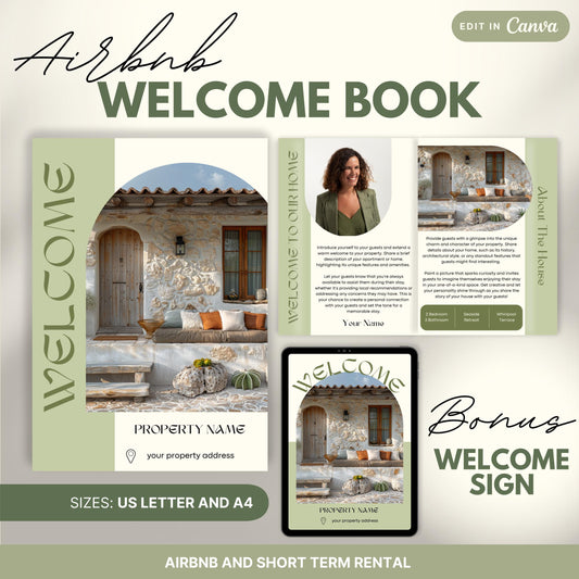 Promotional image for an "Airbnb Welcome Book" editable in Canva. A tablet and print view are shown for flexibility. The text highlights that the templates are available in US Letter and A4 sizes and include a bonus welcome sign. Ideal for Airbnb and short-term rental hosts.