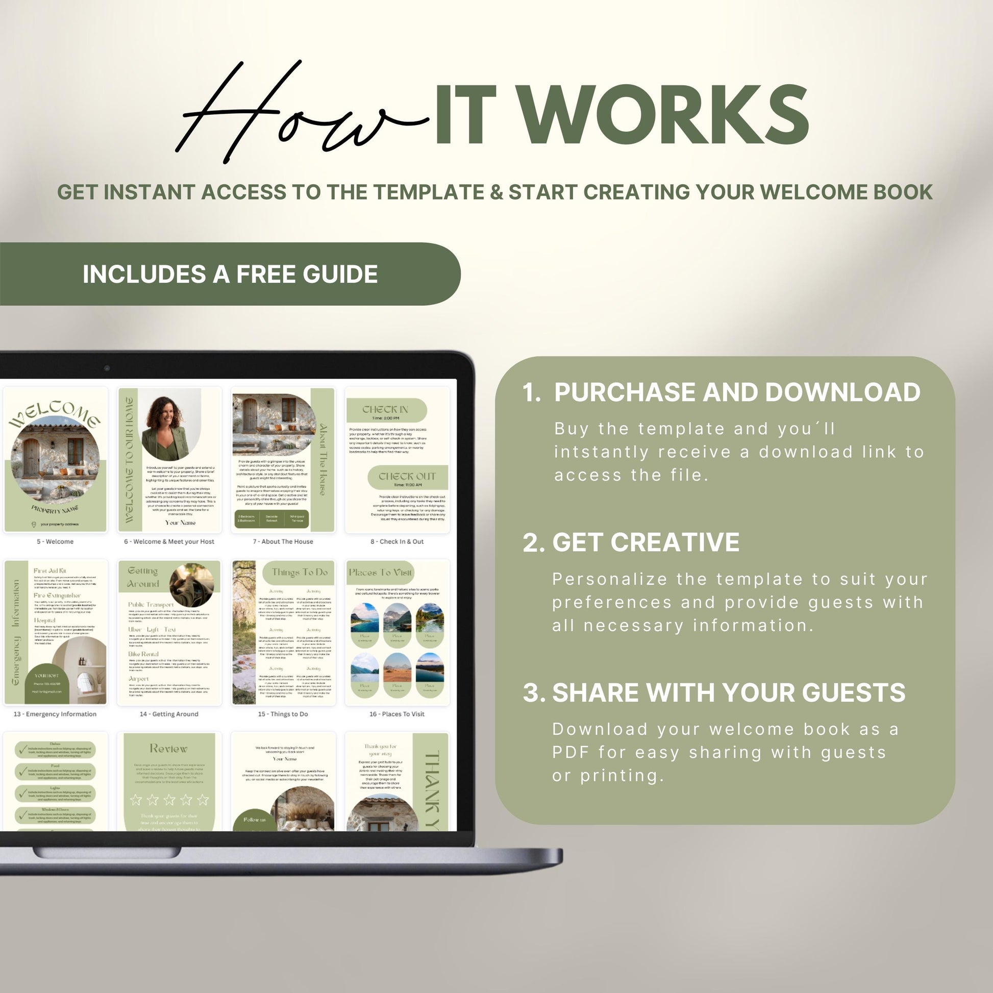 A promotional image explains how to use a digital Airbnb welcome book template. The text reads "How It Works" with a subheading, "Get instant access to the template & start creating your welcome book." A laptop displays thumbnails of different template pages. Three steps are highlighted in a peach-colored box: 1) Purchase and download, 2) Get creative by personalizing, and 3) Share with your guests as a PDF.