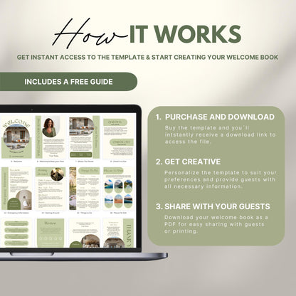 A promotional image explains how to use a digital Airbnb welcome book template. The text reads "How It Works" with a subheading, "Get instant access to the template & start creating your welcome book." A laptop displays thumbnails of different template pages. Three steps are highlighted in a peach-colored box: 1) Purchase and download, 2) Get creative by personalizing, and 3) Share with your guests as a PDF.