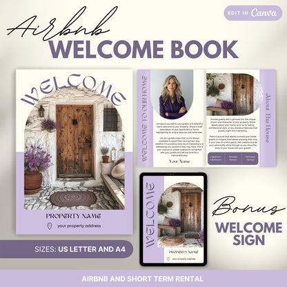 Promotional image for an "Airbnb Welcome Book" editable in Canva. A tablet and print view are shown for flexibility. The text highlights that the templates are available in US Letter and A4 sizes and include a bonus welcome sign. Ideal for Airbnb and short-term rental hosts.