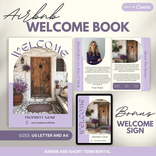 Promotional image for an "Airbnb Welcome Book" editable in Canva. A tablet and print view are shown for flexibility. The text highlights that the templates are available in US Letter and A4 sizes and include a bonus welcome sign. Ideal for Airbnb and short-term rental hosts.