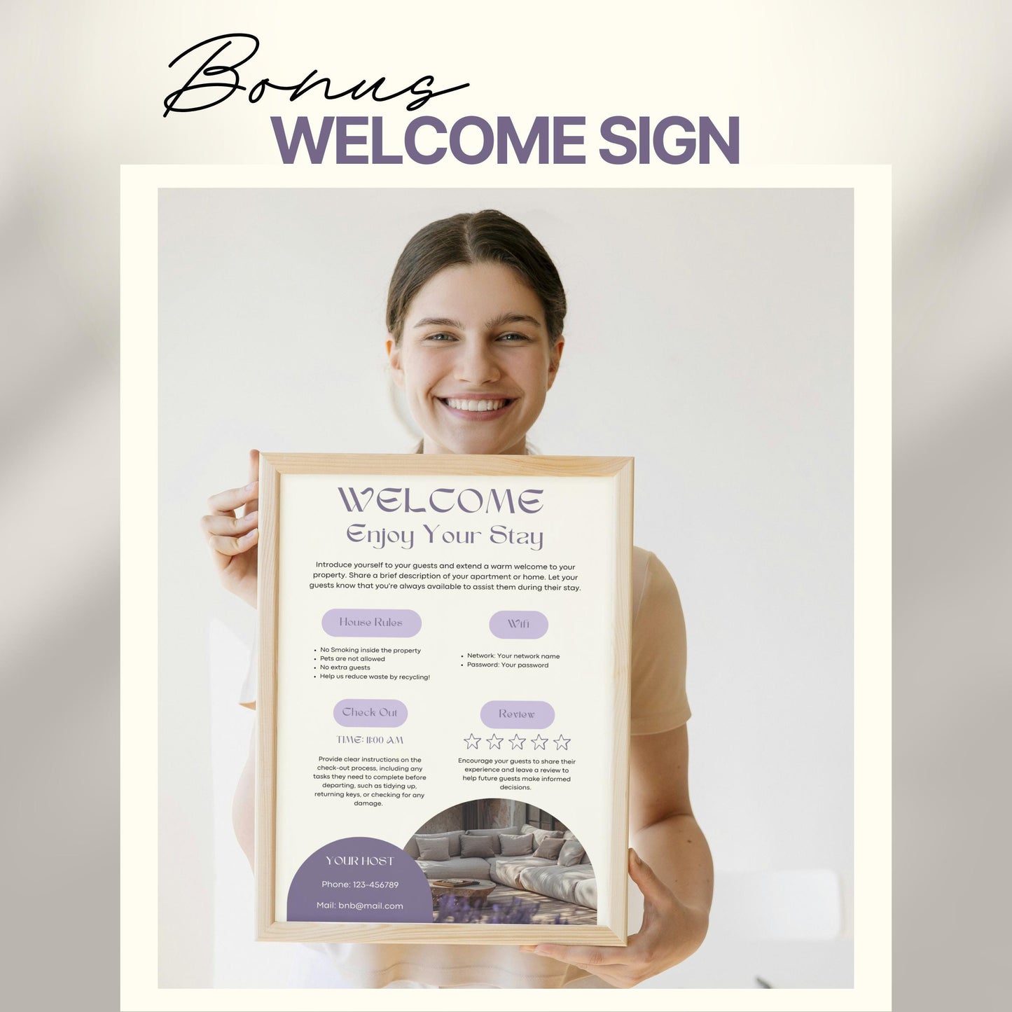 A smiling woman holds a framed "Welcome" sign designed for Airbnb or short-term rental guests. The sign includes sections for house rules, WiFi details, check-out time, review encouragement, and host contact information.