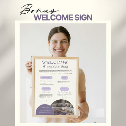 A smiling woman holds a framed "Welcome" sign designed for Airbnb or short-term rental guests. The sign includes sections for house rules, WiFi details, check-out time, review encouragement, and host contact information.