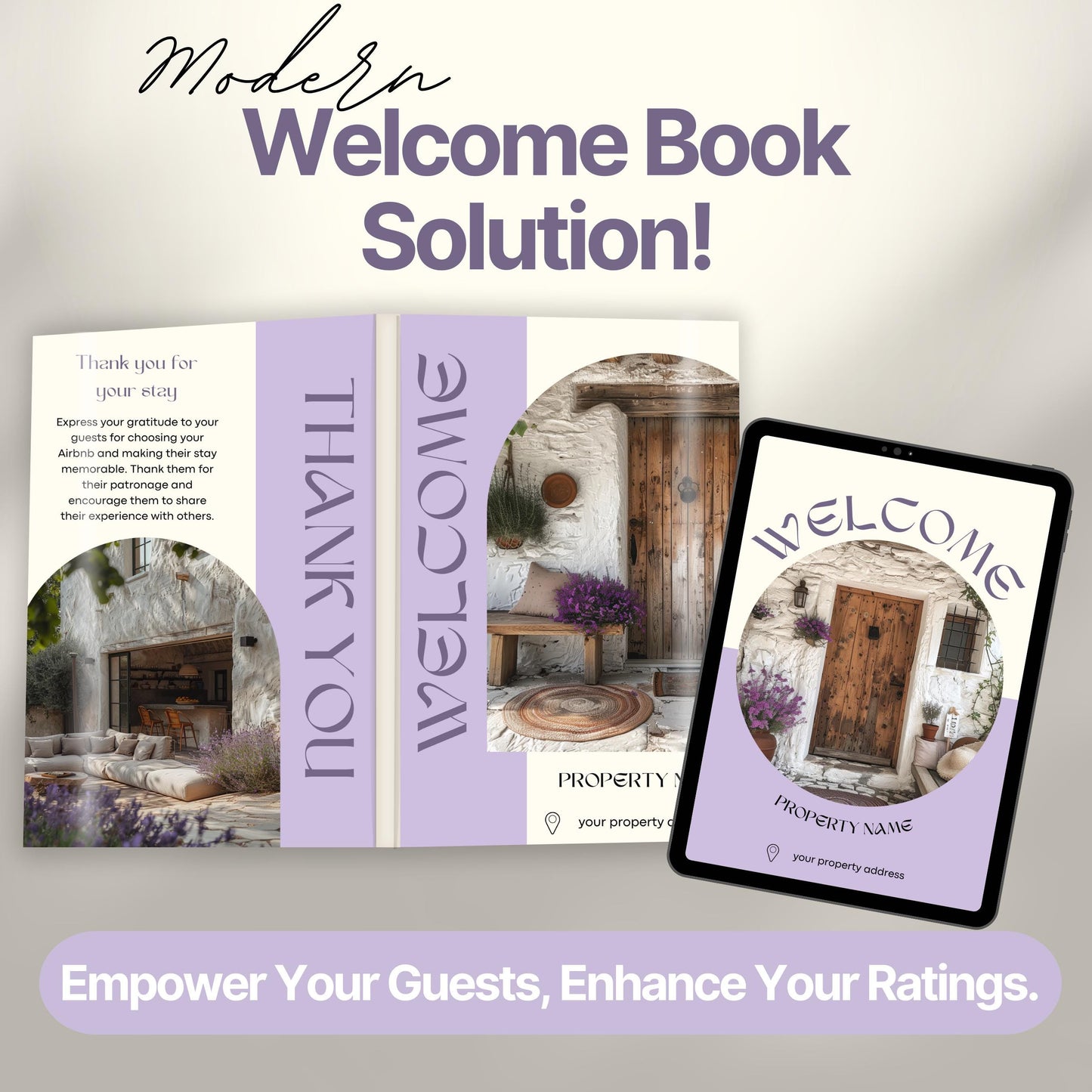 Promotional graphic showcasing a modern Airbnb welcome book solution. The image features a printed welcome book opened.