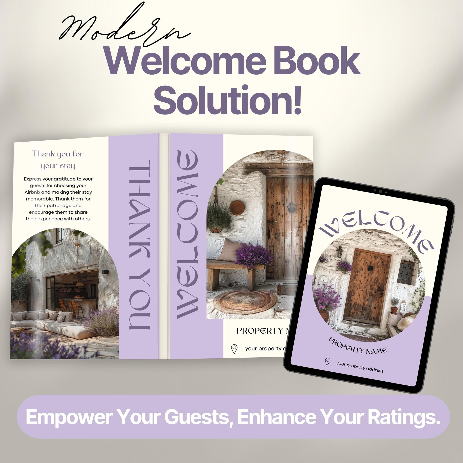 Promotional graphic showcasing a modern Airbnb welcome book solution. The image features a printed welcome book opened.