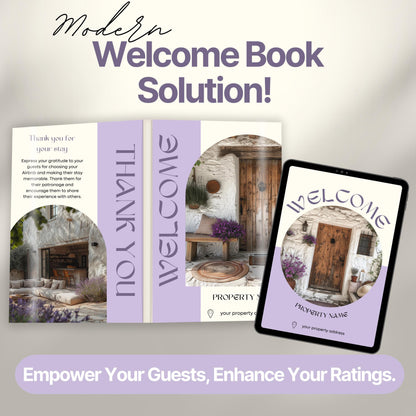 Promotional graphic showcasing a modern Airbnb welcome book solution. The image features a printed welcome book opened.