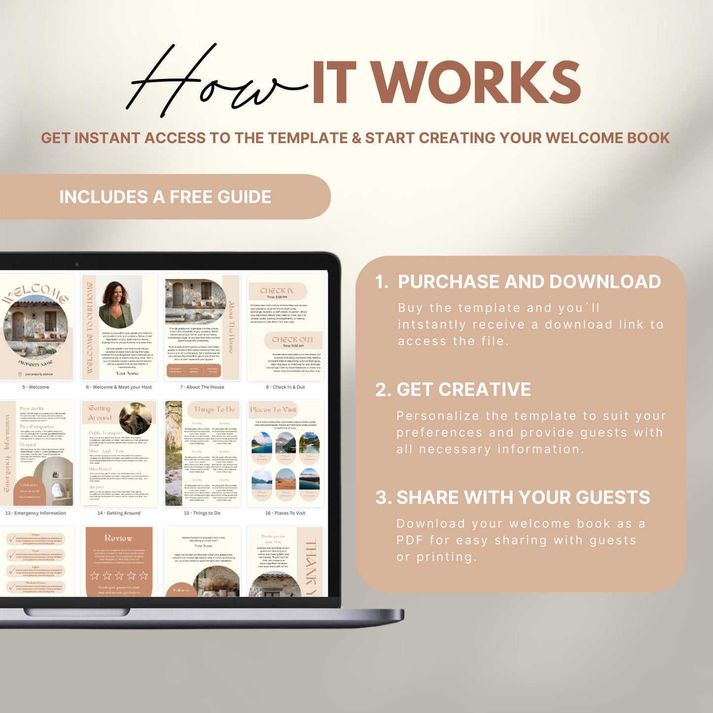 A promotional image explains how to use a digital Airbnb welcome book template. The text reads "How It Works" with a subheading, "Get instant access to the template & start creating your welcome book." A laptop displays thumbnails of different template pages. Three steps are highlighted in a peach-colored box: 1) Purchase and download, 2) Get creative by personalizing, and 3) Share with your guests as a PDF.