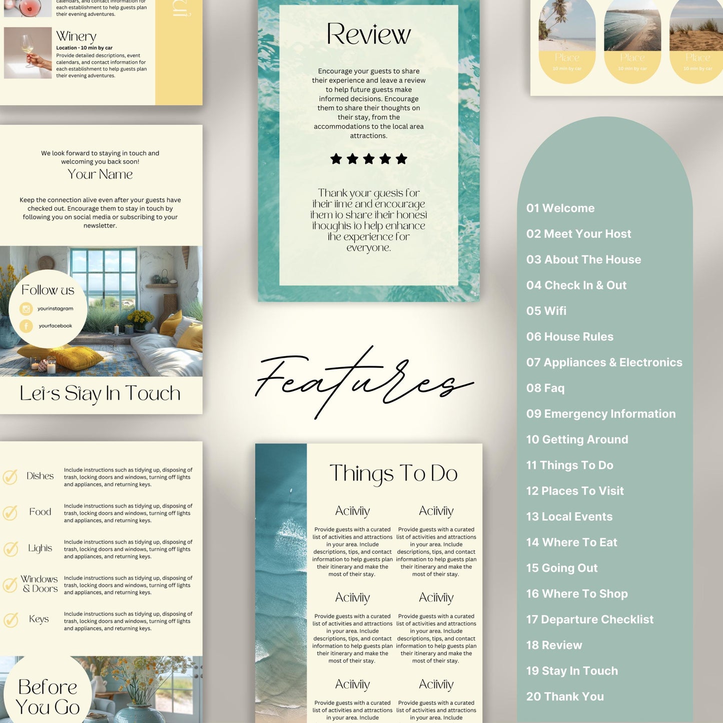 A promotional layout for a Airbnb Welcome Book template. The image displays various page samples including sections like “Review,” “Things To Do,” “Let’s Stay In Touch,” and “Before You Go.”