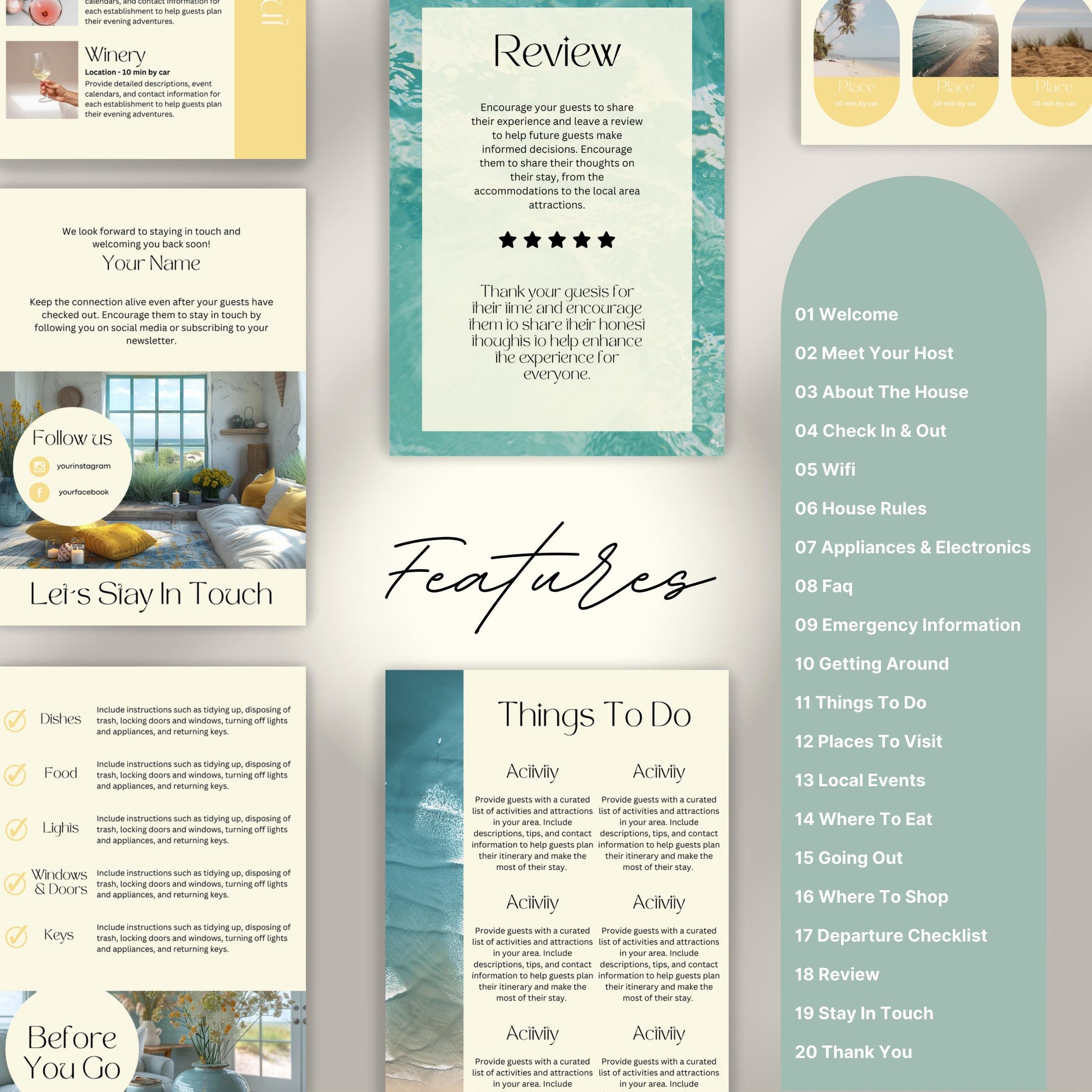 A promotional layout for a Airbnb Welcome Book template. The image displays various page samples including sections like “Review,” “Things To Do,” “Let’s Stay In Touch,” and “Before You Go.”
