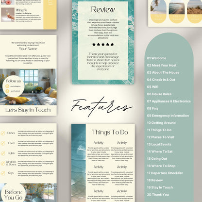 A promotional layout for a Airbnb Welcome Book template. The image displays various page samples including sections like “Review,” “Things To Do,” “Let’s Stay In Touch,” and “Before You Go.”