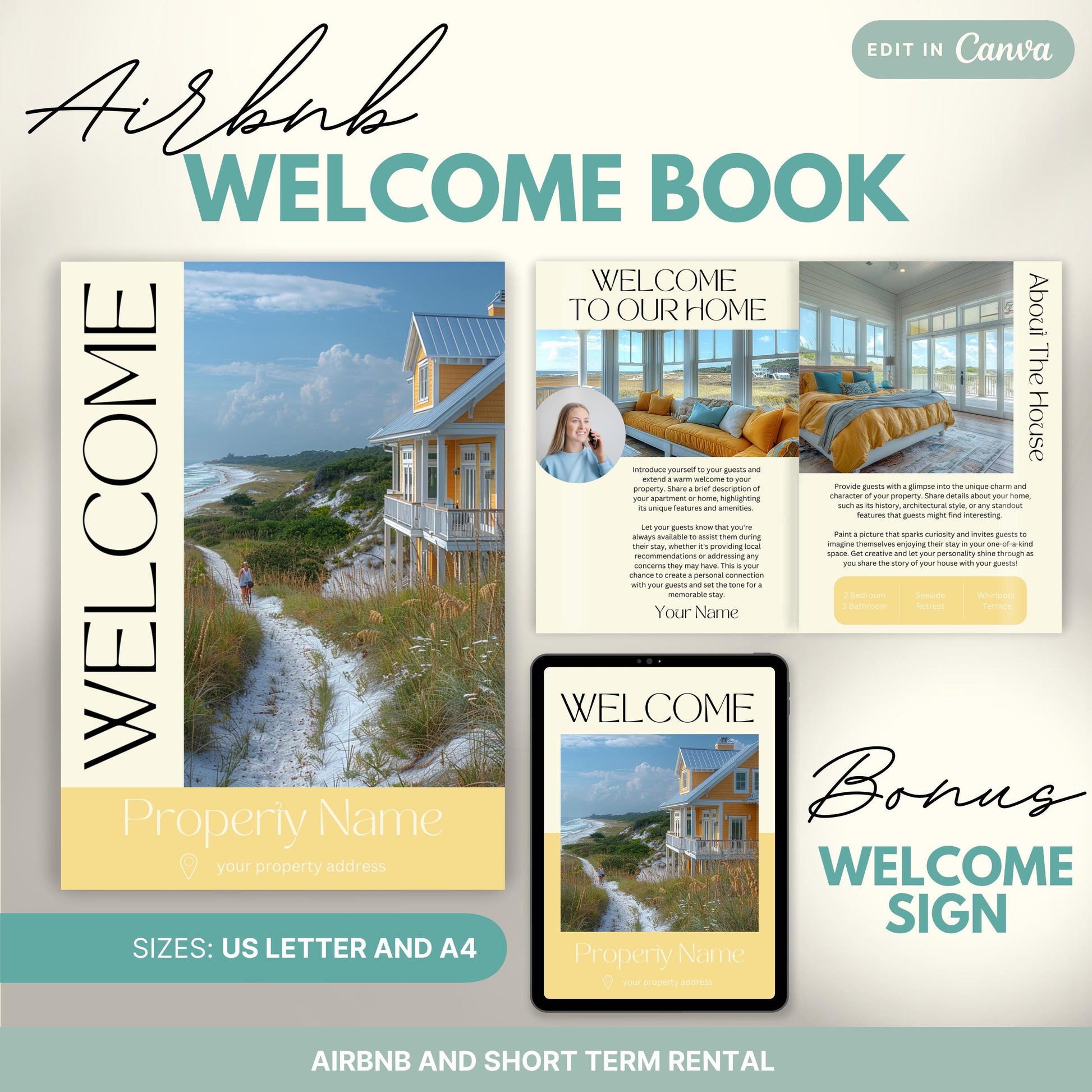 Promotional image for an "Airbnb Welcome Book" editable in Canva. A tablet and print view are shown for flexibility. The text highlights that the templates are available in US Letter and A4 sizes and include a bonus welcome sign. Ideal for Airbnb and short-term rental hosts.
