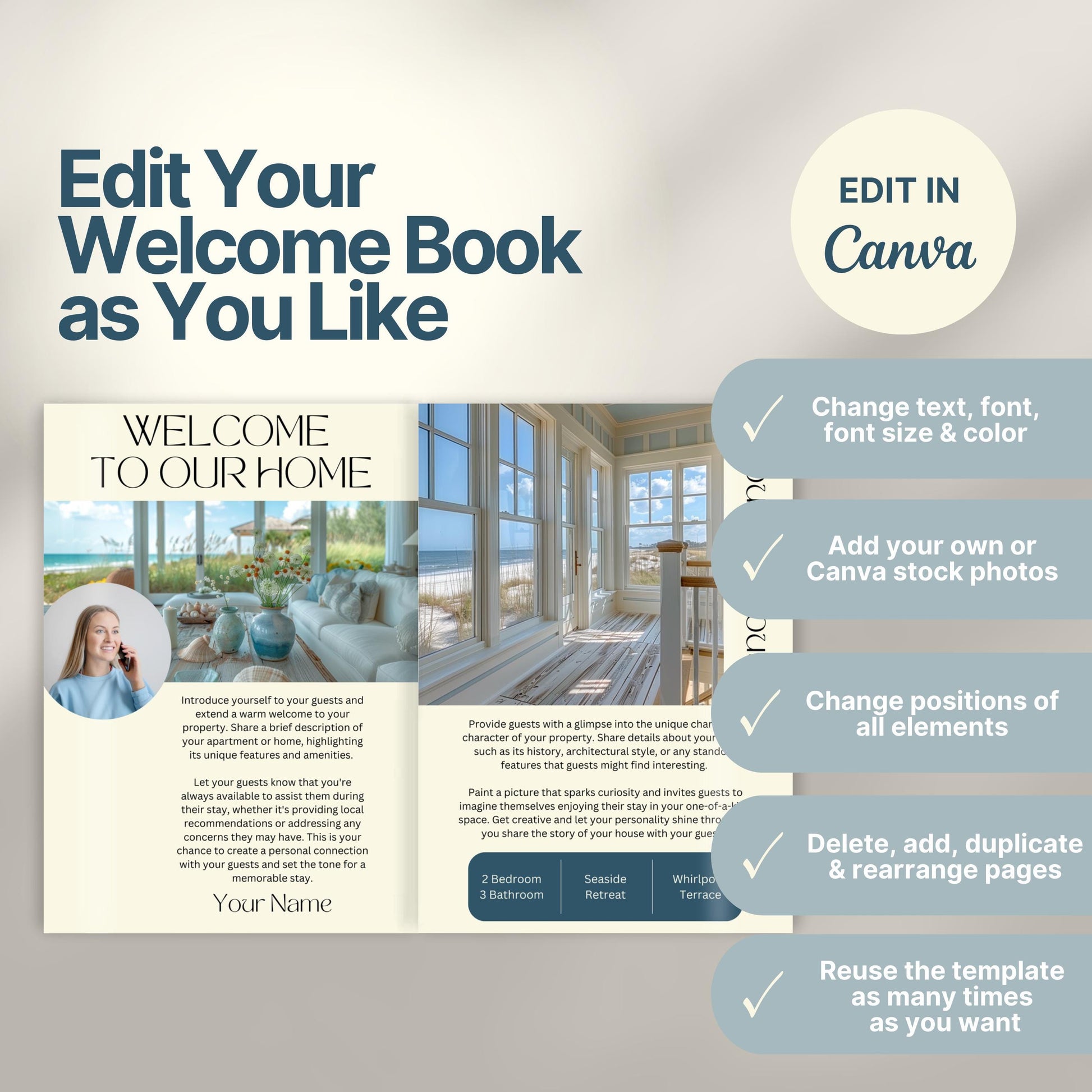 Editable Airbnb host welcome guide template, featuring welcome messages, house description, and host introduction. Includes checklist of customizable elements such as text, photos, layout, and links, all editable in Canva.