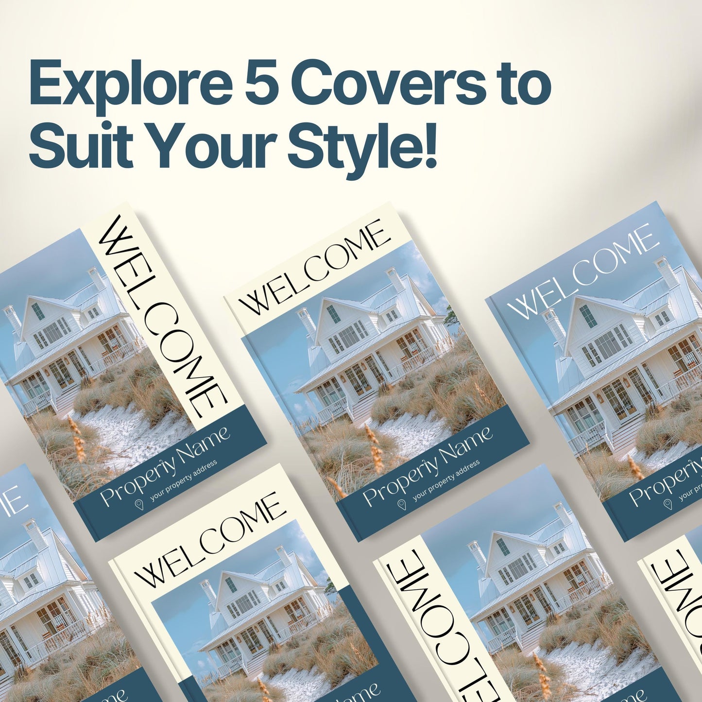 Graphic promoting customizable Airbnb Welcome Book covers with the headline “Explore 5 Covers to Suit Your Style!”