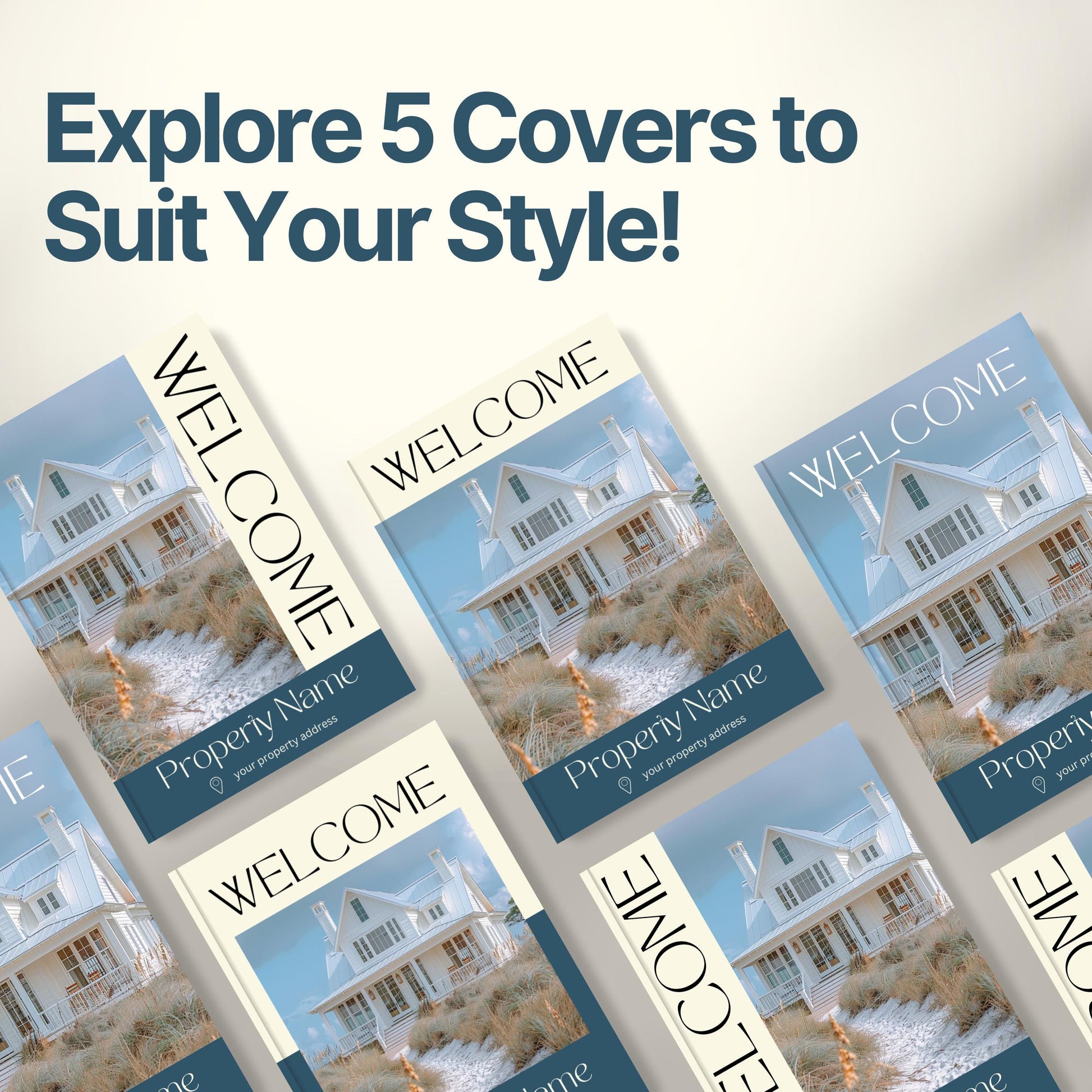 Graphic promoting customizable Airbnb Welcome Book covers with the headline “Explore 5 Covers to Suit Your Style!”