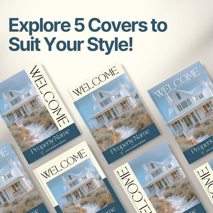 Graphic promoting customizable Airbnb Welcome Book covers with the headline “Explore 5 Covers to Suit Your Style!”