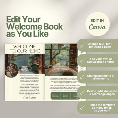 Editable Airbnb host welcome guide template, featuring welcome messages, house description, and host introduction. Includes checklist of customizable elements such as text, photos, layout, and links, all editable in Canva.