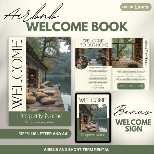 Promotional image for an "Airbnb Welcome Book" editable in Canva. A tablet and print view are shown for flexibility. The text highlights that the templates are available in US Letter and A4 sizes and include a bonus welcome sign. Ideal for Airbnb and short-term rental hosts.