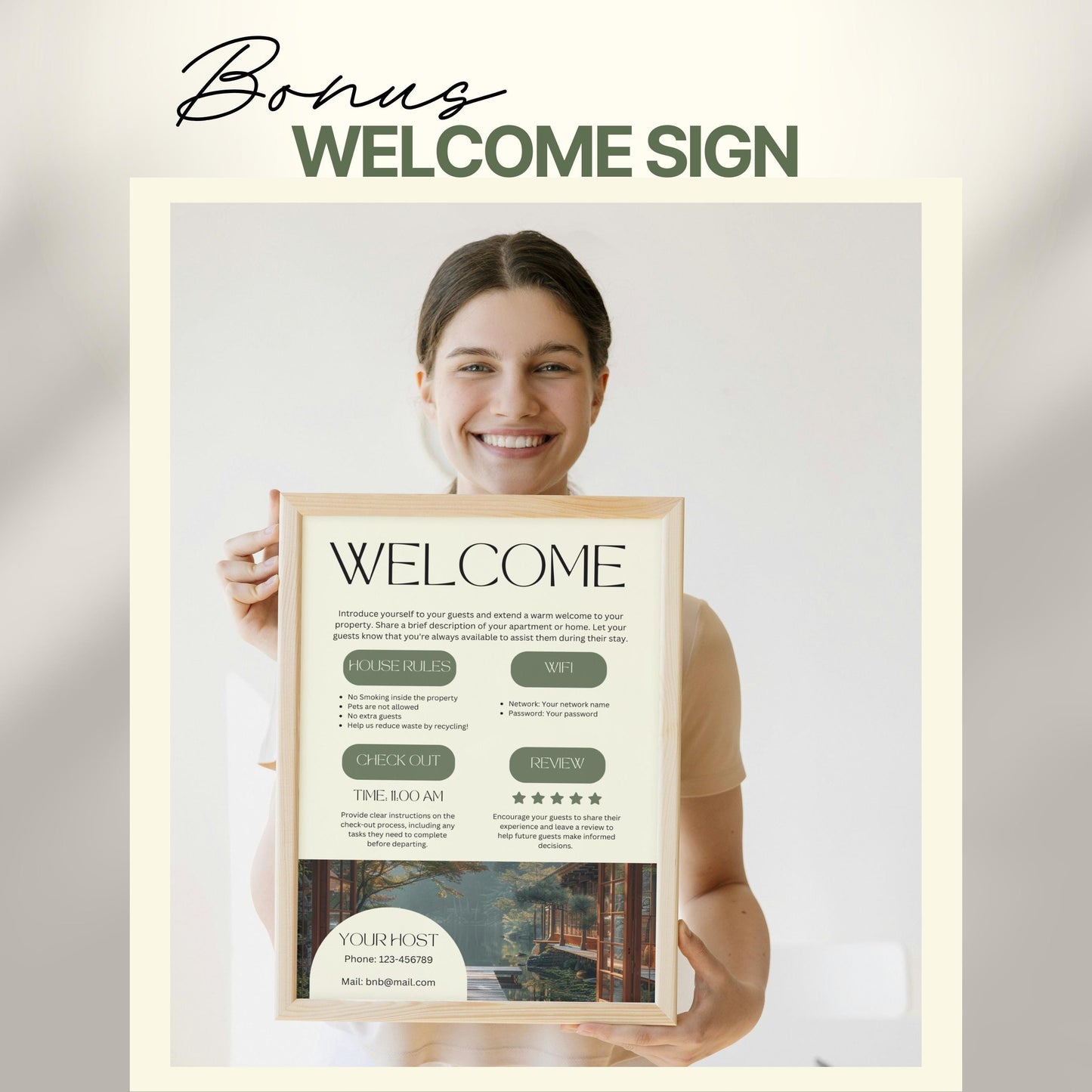 A smiling woman holds a framed "Welcome" sign designed for Airbnb or short-term rental guests. The sign includes sections for house rules, WiFi details, check-out time, review encouragement, and host contact information.