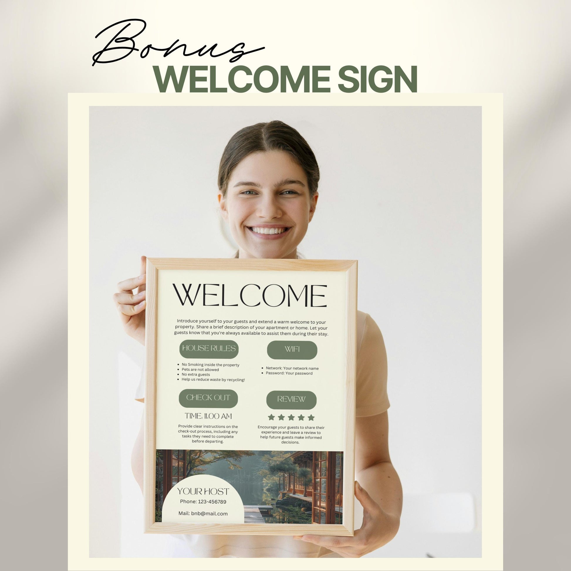 A smiling woman holds a framed "Welcome" sign designed for Airbnb or short-term rental guests. The sign includes sections for house rules, WiFi details, check-out time, review encouragement, and host contact information.