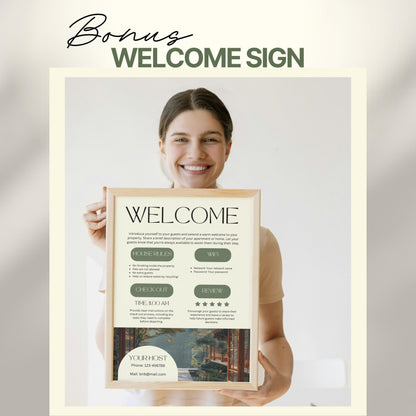 A smiling woman holds a framed "Welcome" sign designed for Airbnb or short-term rental guests. The sign includes sections for house rules, WiFi details, check-out time, review encouragement, and host contact information.