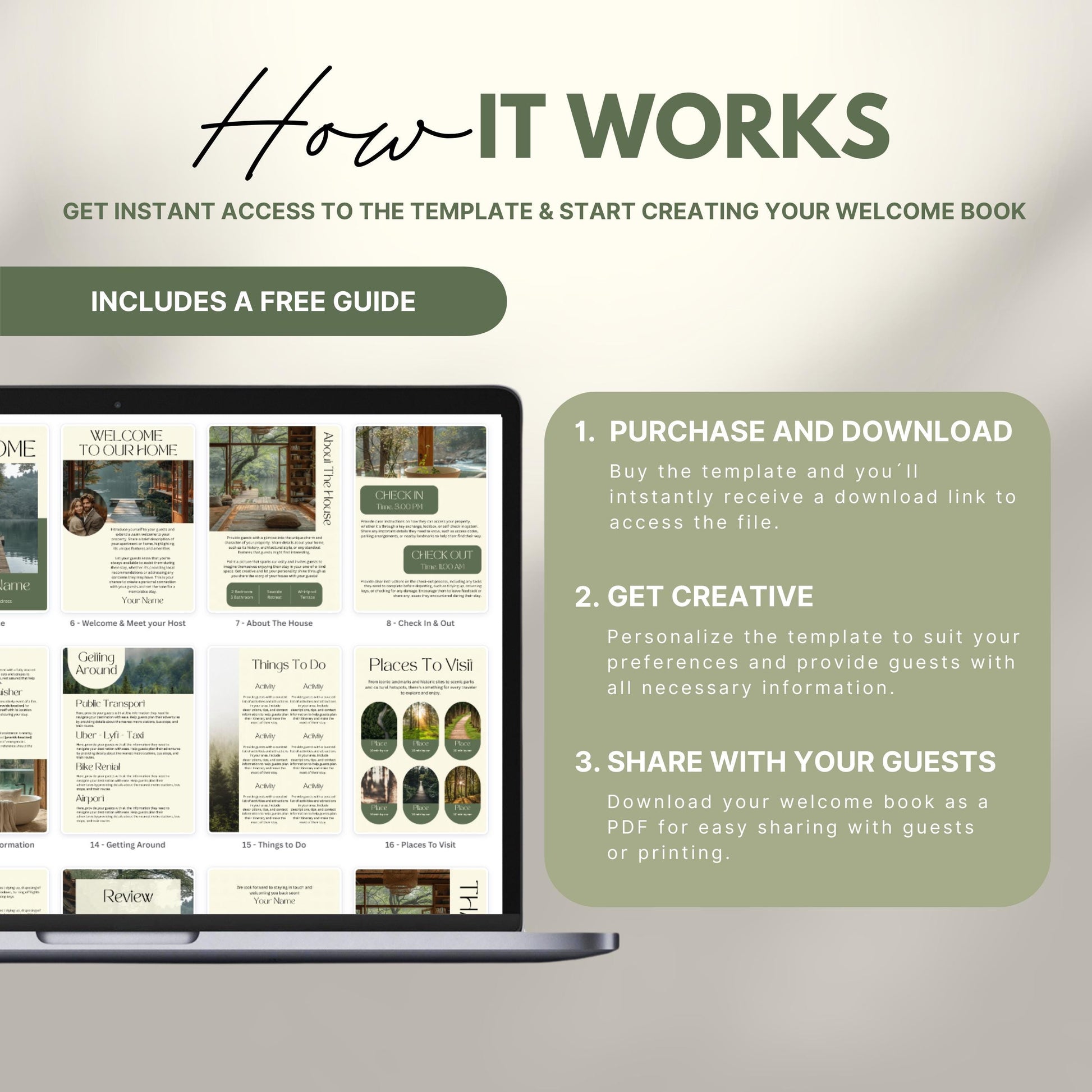 A promotional image explains how to use a digital Airbnb welcome book template. The text reads "How It Works" with a subheading, "Get instant access to the template & start creating your welcome book." A laptop displays thumbnails of different template pages. Three steps are highlighted in a peach-colored box: 1) Purchase and download, 2) Get creative by personalizing, and 3) Share with your guests as a PDF.