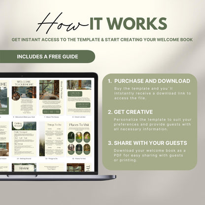 A promotional image explains how to use a digital Airbnb welcome book template. The text reads "How It Works" with a subheading, "Get instant access to the template & start creating your welcome book." A laptop displays thumbnails of different template pages. Three steps are highlighted in a peach-colored box: 1) Purchase and download, 2) Get creative by personalizing, and 3) Share with your guests as a PDF.