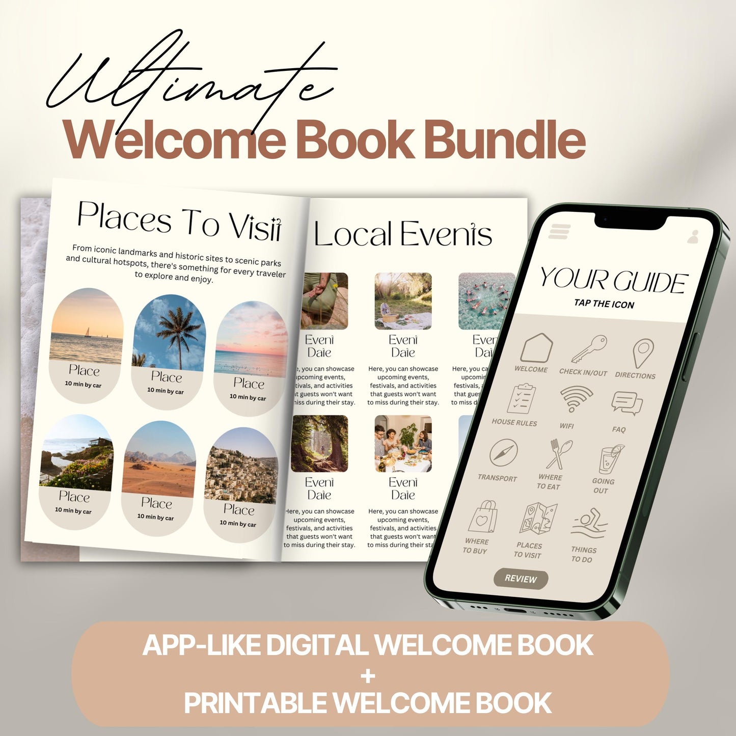 Promotional image for the “Ultimate Welcome Book Bundle.” The image displays an open printed welcome book featuring pages titled “Places To Visit” and “Local Events,” filled with scenic images and event descriptions.