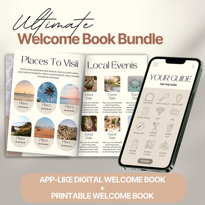 Promotional image for the “Ultimate Welcome Book Bundle.” The image displays an open printed welcome book featuring pages titled “Places To Visit” and “Local Events,” filled with scenic images and event descriptions.