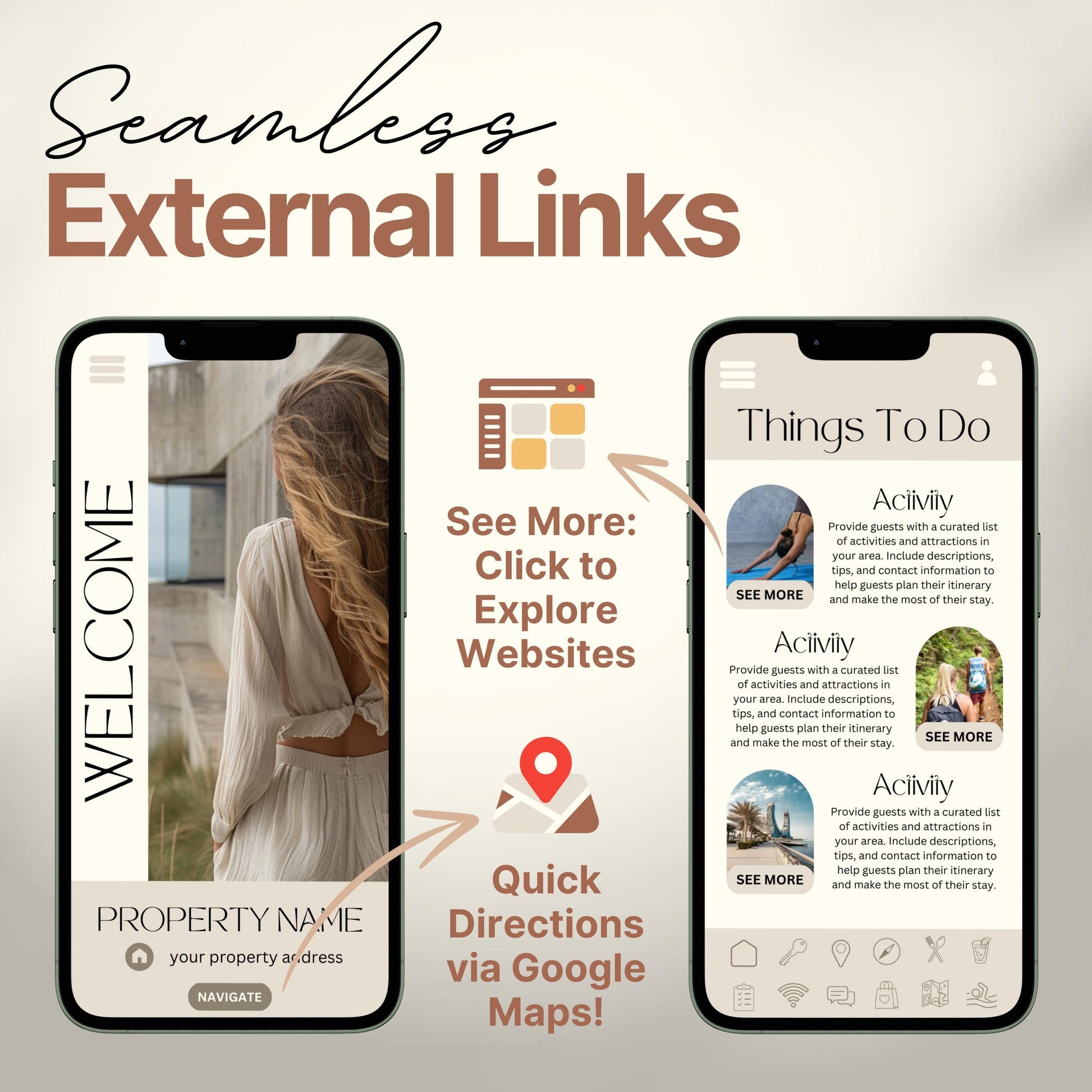 Arrows and icons highlight features like "See More: Click to Explore Websites" and "Quick Directions via Google Maps!" The design emphasizes seamless integration of external links for an interactive guest experience.