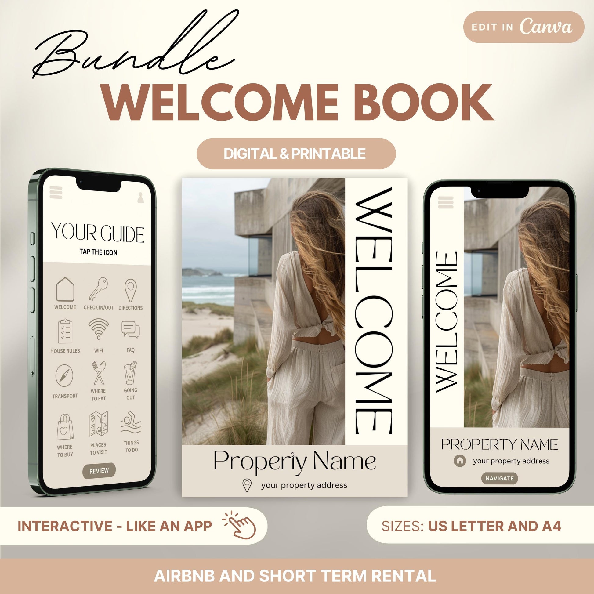 Promotional image for an "Airbnb Welcome Book Bundle" editable in Canva. A tablet and print view are shown for flexibility. The text highlights that the templates are available in US Letter and A4 sizes and include a bonus welcome sign. Ideal for Airbnb and short-term rental hosts.