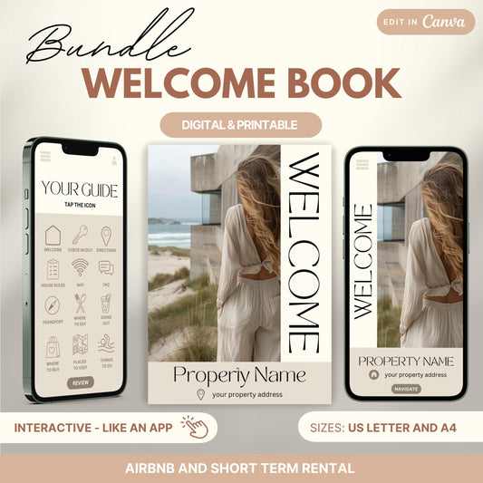 Promotional image for an "Airbnb Welcome Book Bundle" editable in Canva. A tablet and print view are shown for flexibility. The text highlights that the templates are available in US Letter and A4 sizes and include a bonus welcome sign. Ideal for Airbnb and short-term rental hosts.