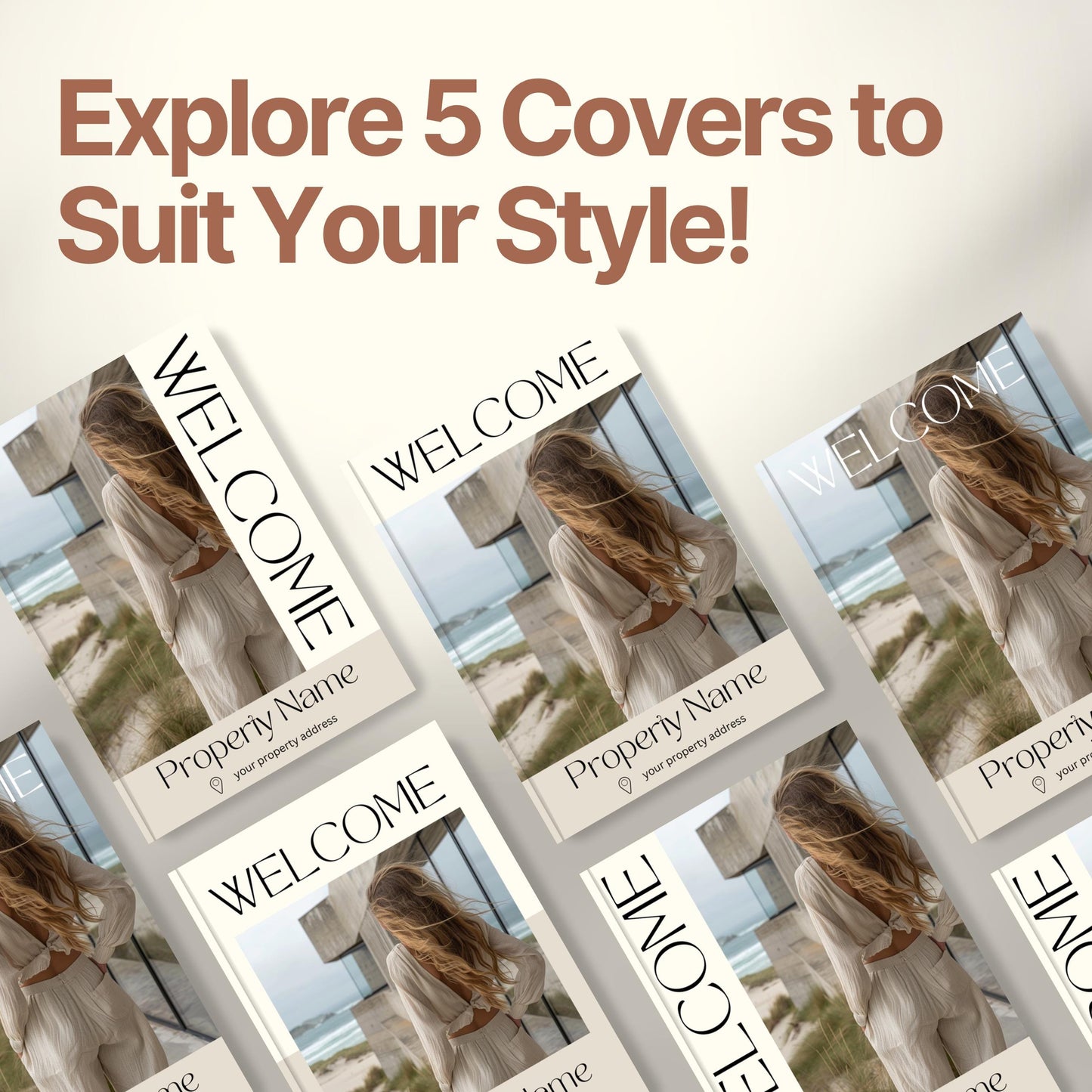 Graphic promoting customizable Airbnb Welcome Book covers with the headline “Explore 5 Covers to Suit Your Style!”