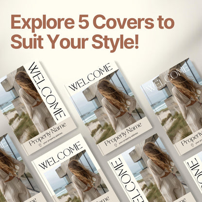 Graphic promoting customizable Airbnb Welcome Book covers with the headline “Explore 5 Covers to Suit Your Style!”