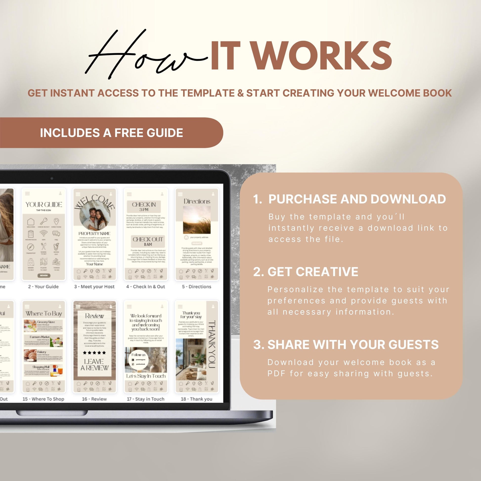 A promotional image explains how to use a digital Airbnb welcome book template. The text reads "How It Works" with a subheading, "Get instant access to the template & start creating your welcome book." A laptop displays thumbnails of different template pages. Three steps are highlighted in a peach-colored box: 1) Purchase and download, 2) Get creative by personalizing, and 3) Share with your guests as a PDF.