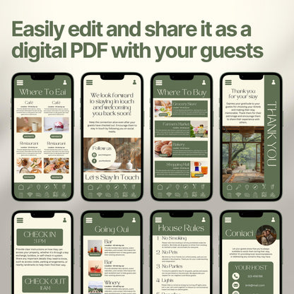 Smartphones display various pages of a digital Airbnb welcome book. The top header reads, "Easily edit and share it as a digital PDF with your guests," emphasizing customization and digital sharing convenience.