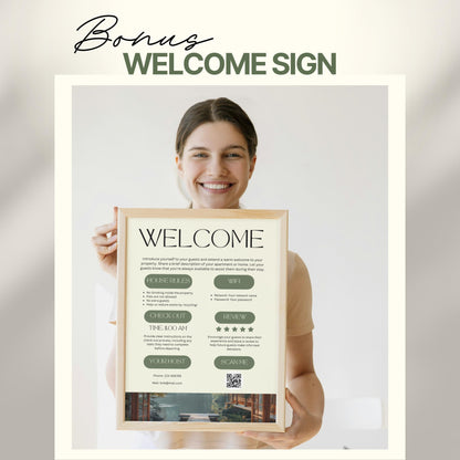 A smiling woman holds a framed "Welcome" sign designed for Airbnb or short-term rental guests. The sign includes sections for house rules, WiFi details, check-out time, review encouragement, and host contact information.