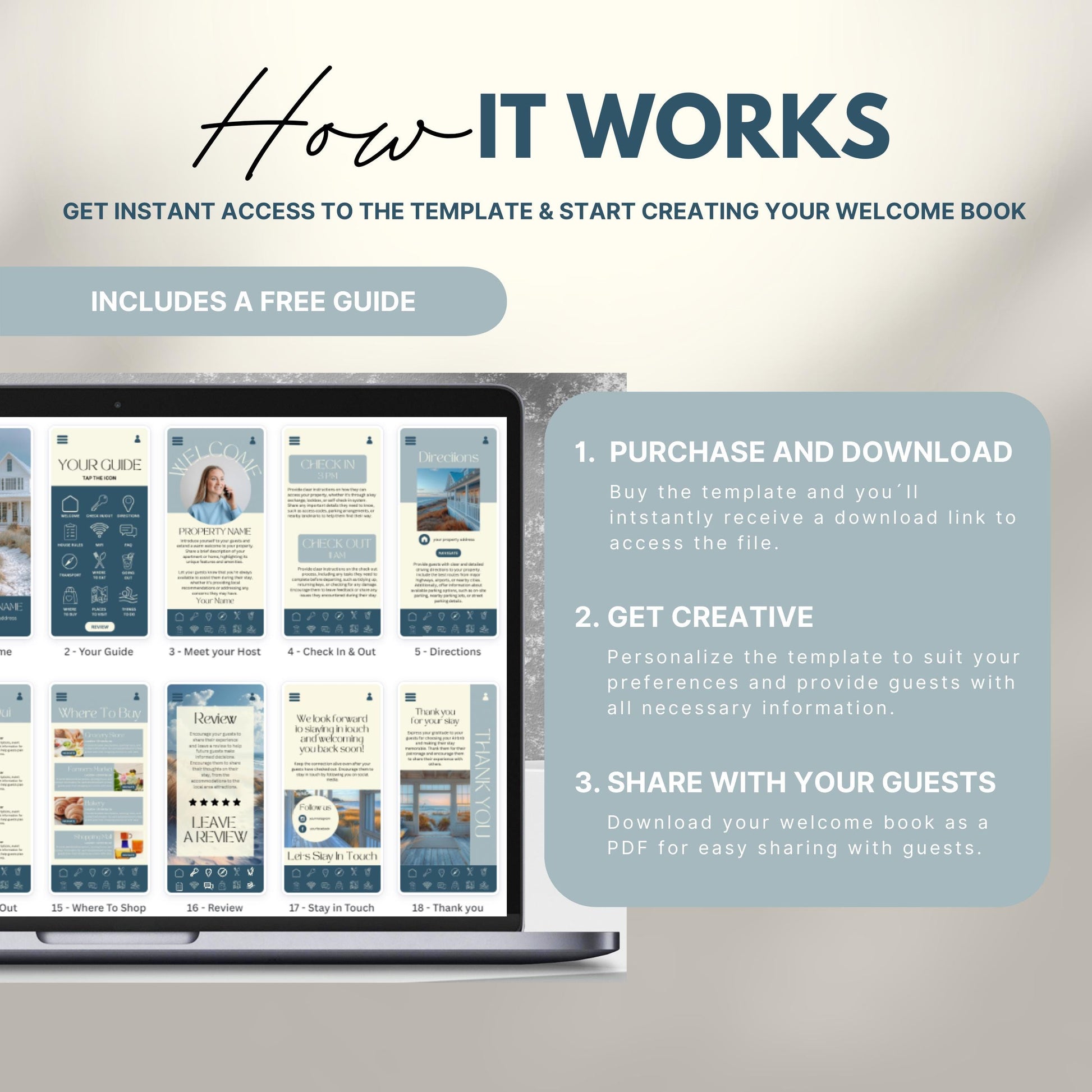 A promotional image explains how to use a digital Airbnb welcome book template. The text reads "How It Works" with a subheading, "Get instant access to the template & start creating your welcome book." A laptop displays thumbnails of different template pages. Three steps are highlighted in a peach-colored box: 1) Purchase and download, 2) Get creative by personalizing, and 3) Share with your guests as a PDF.