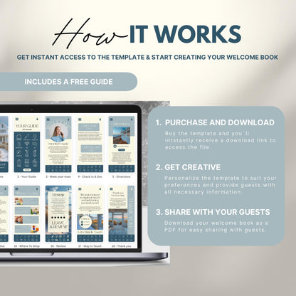 A promotional image explains how to use a digital Airbnb welcome book template. The text reads "How It Works" with a subheading, "Get instant access to the template & start creating your welcome book." A laptop displays thumbnails of different template pages. Three steps are highlighted in a peach-colored box: 1) Purchase and download, 2) Get creative by personalizing, and 3) Share with your guests as a PDF.