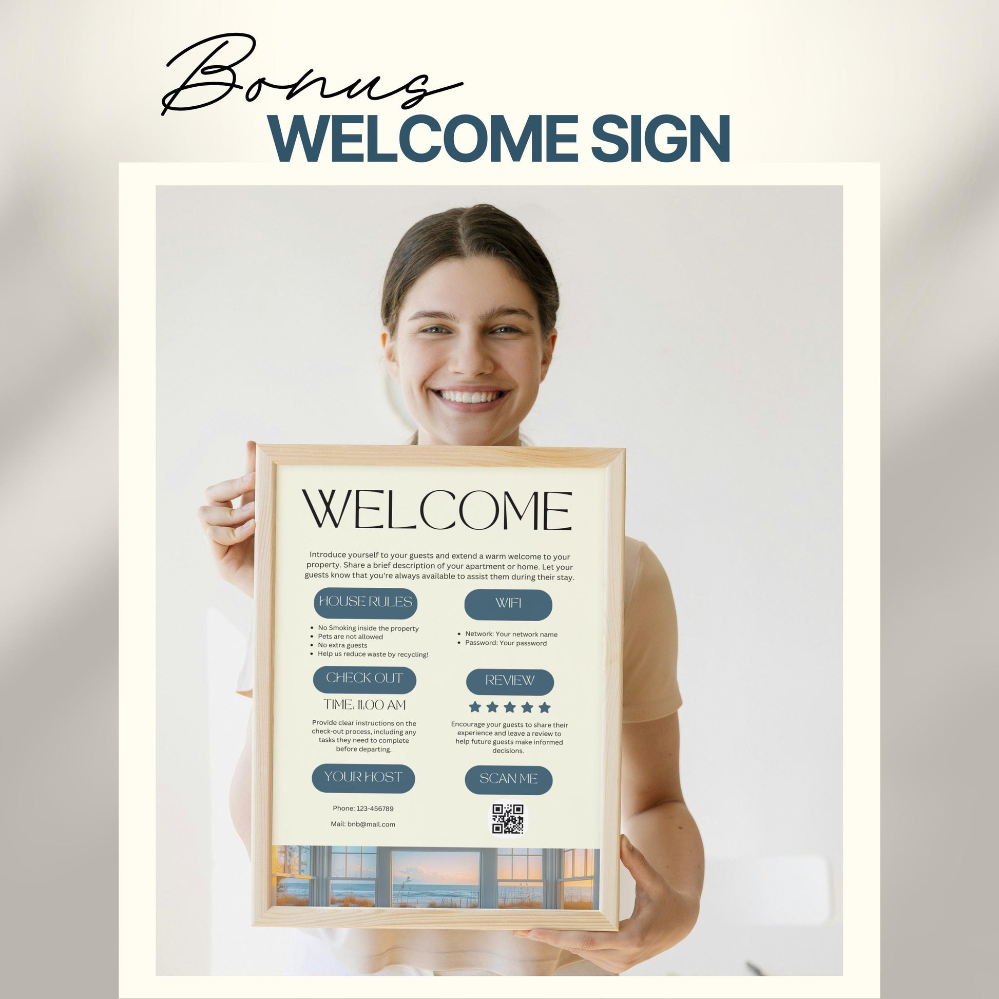 A smiling woman holds a framed "Welcome" sign designed for Airbnb or short-term rental guests. The sign includes sections for house rules, WiFi details, check-out time, review encouragement, and host contact information.