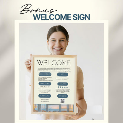 A smiling woman holds a framed "Welcome" sign designed for Airbnb or short-term rental guests. The sign includes sections for house rules, WiFi details, check-out time, review encouragement, and host contact information.