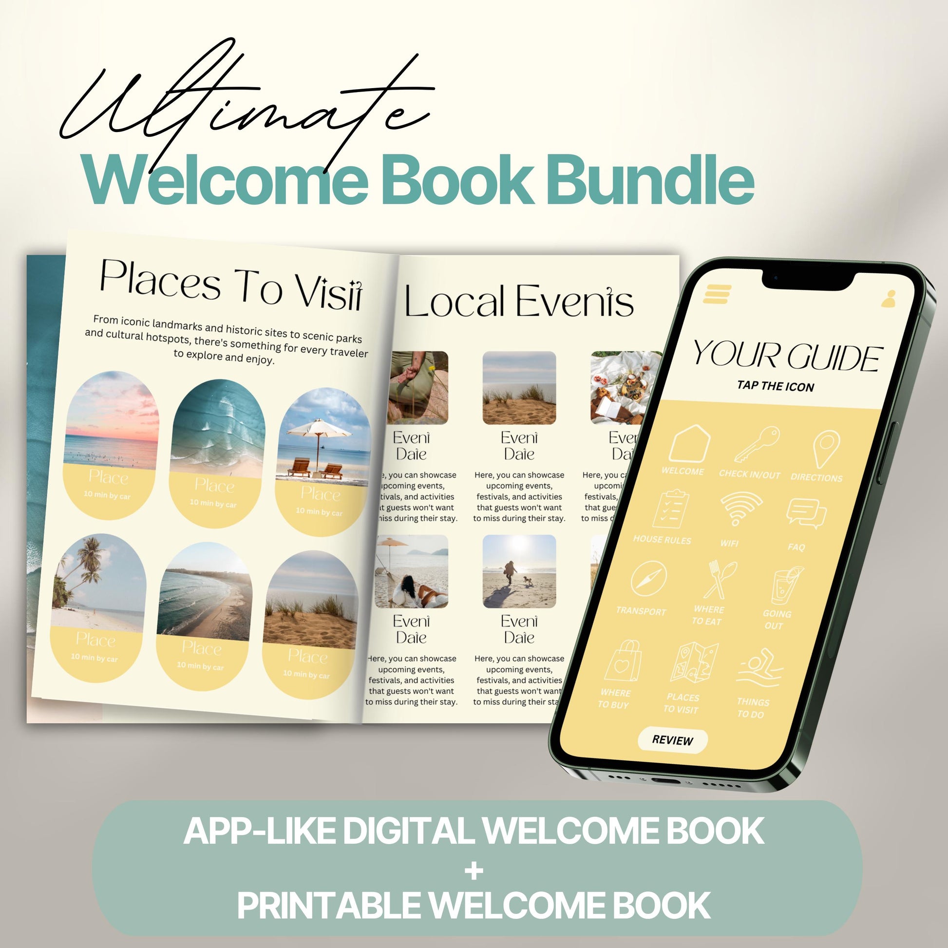 Promotional image for the “Ultimate Welcome Book Bundle.” The image displays an open printed welcome book featuring pages titled “Places To Visit” and “Local Events,” filled with scenic images and event descriptions.