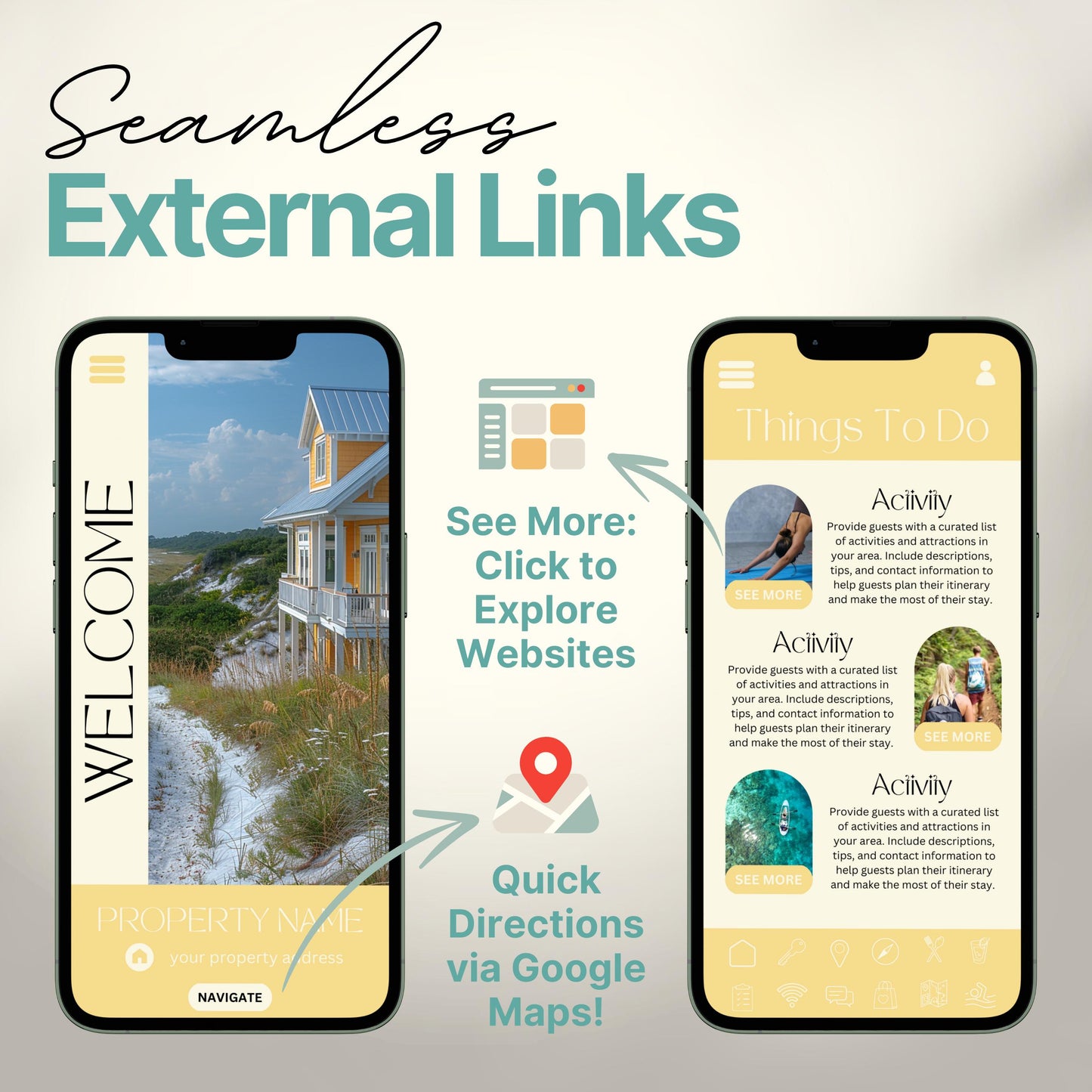 Arrows and icons highlight features like "See More: Click to Explore Websites" and "Quick Directions via Google Maps!" The design emphasizes seamless integration of external links for an interactive guest experience.