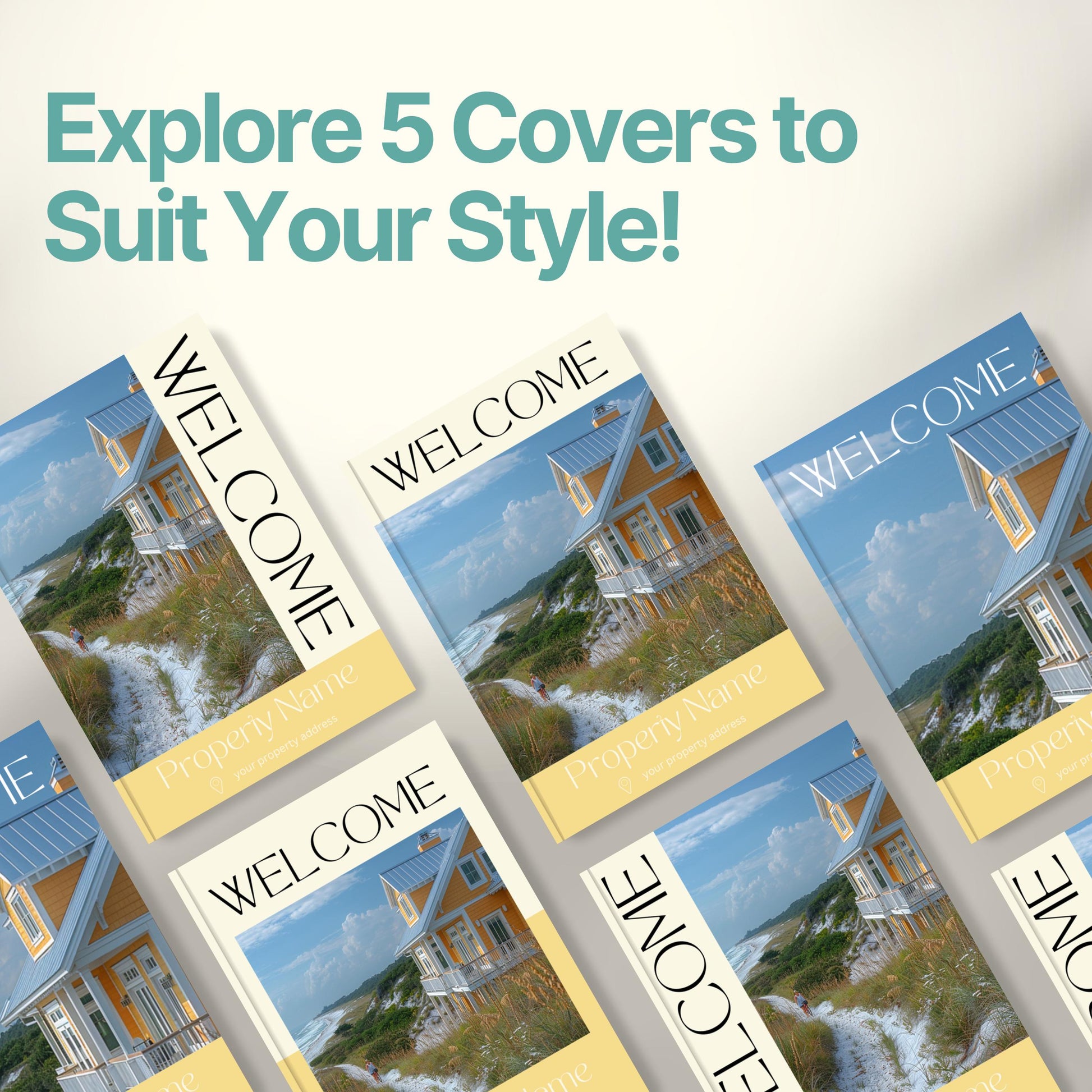 Graphic promoting customizable Airbnb Welcome Book covers with the headline “Explore 5 Covers to Suit Your Style!”