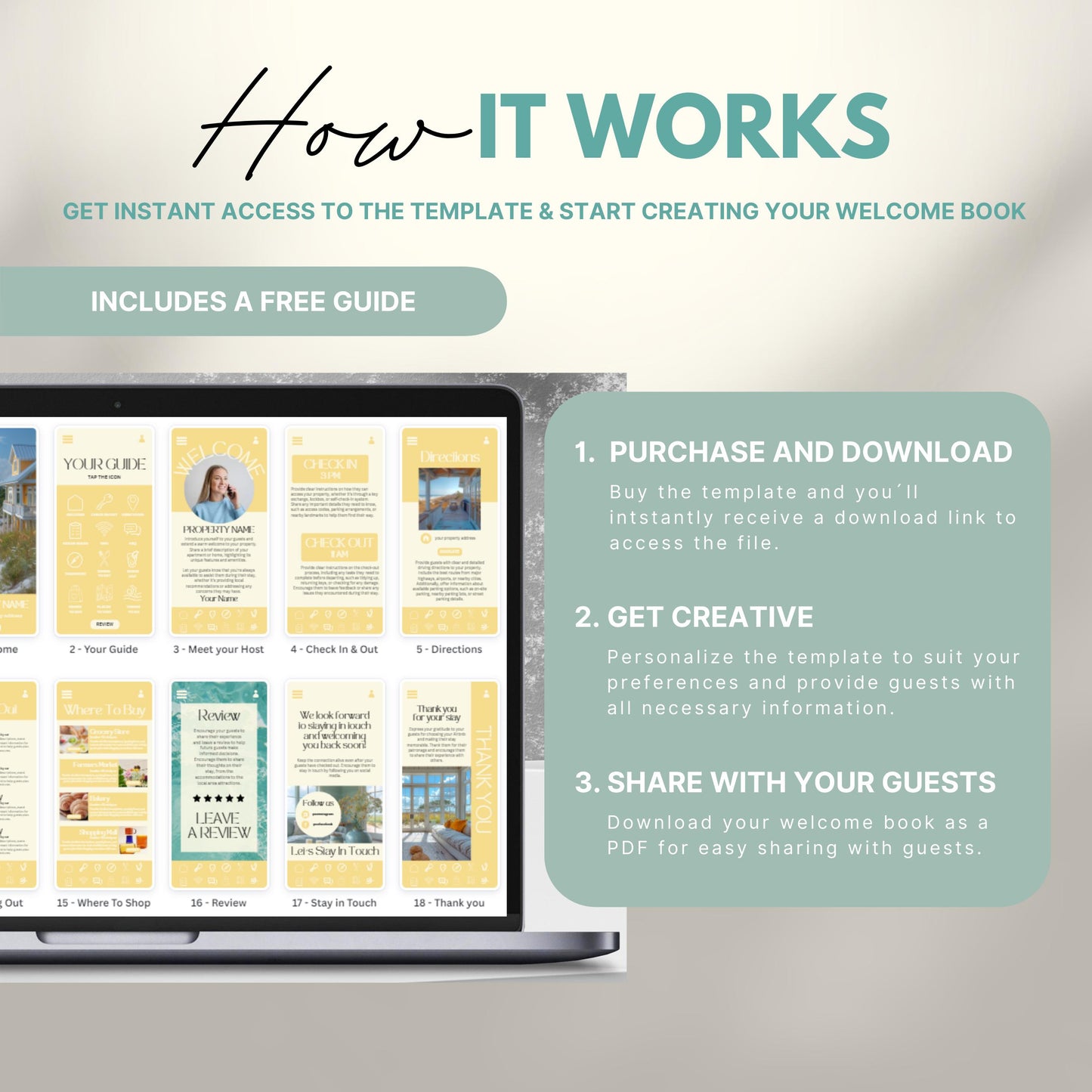 A promotional image explains how to use a digital Airbnb welcome book template. The text reads "How It Works" with a subheading, "Get instant access to the template & start creating your welcome book." A laptop displays thumbnails of different template pages. Three steps are highlighted in a peach-colored box: 1) Purchase and download, 2) Get creative by personalizing, and 3) Share with your guests as a PDF.