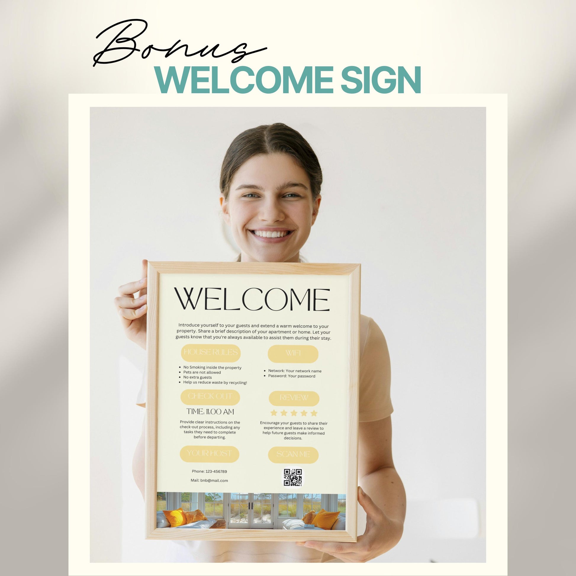 A smiling woman holds a framed "Welcome" sign designed for Airbnb or short-term rental guests. The sign includes sections for house rules, WiFi details, check-out time, review encouragement, and host contact information.